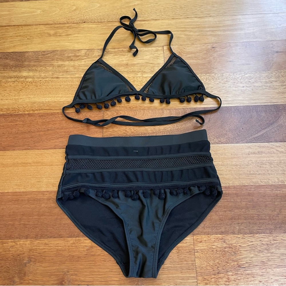 Amazon Black Triangle Bikini w Pom Pom Trim & High Waisted Full Coverage Bottoms